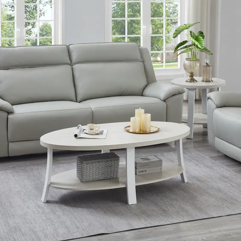 Modern style round wooden shelf coffee table - charcoal gray/white