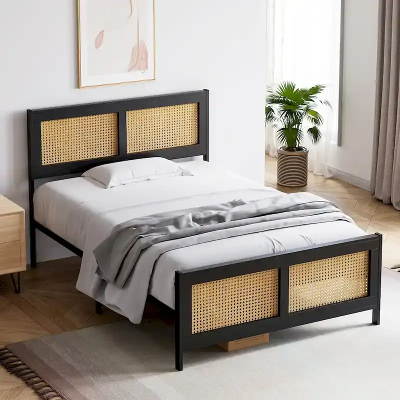 Platform Bed with Rattan Headboard and Footboard - Black Metal Frame