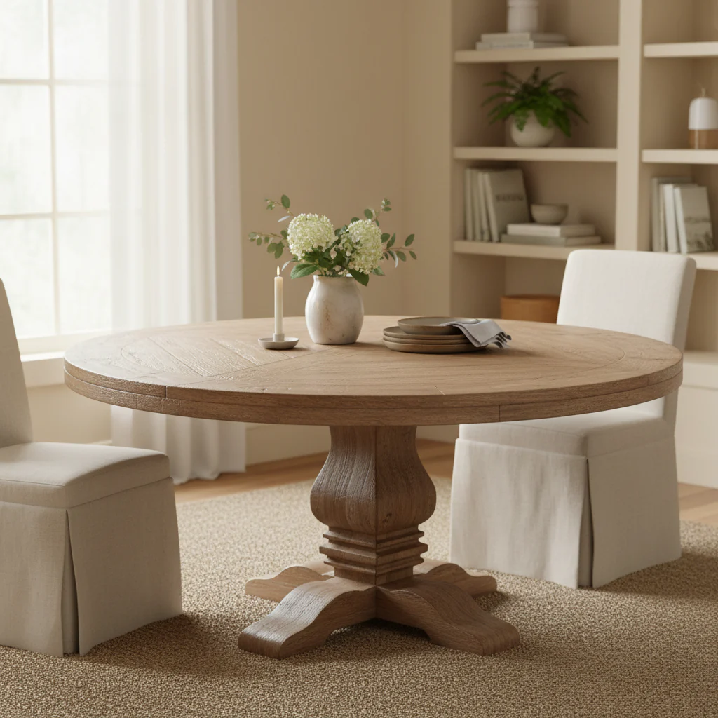 Som 60 Inch Round Dining Table, Cross Pedestal Base, Rustic Smoke Brown