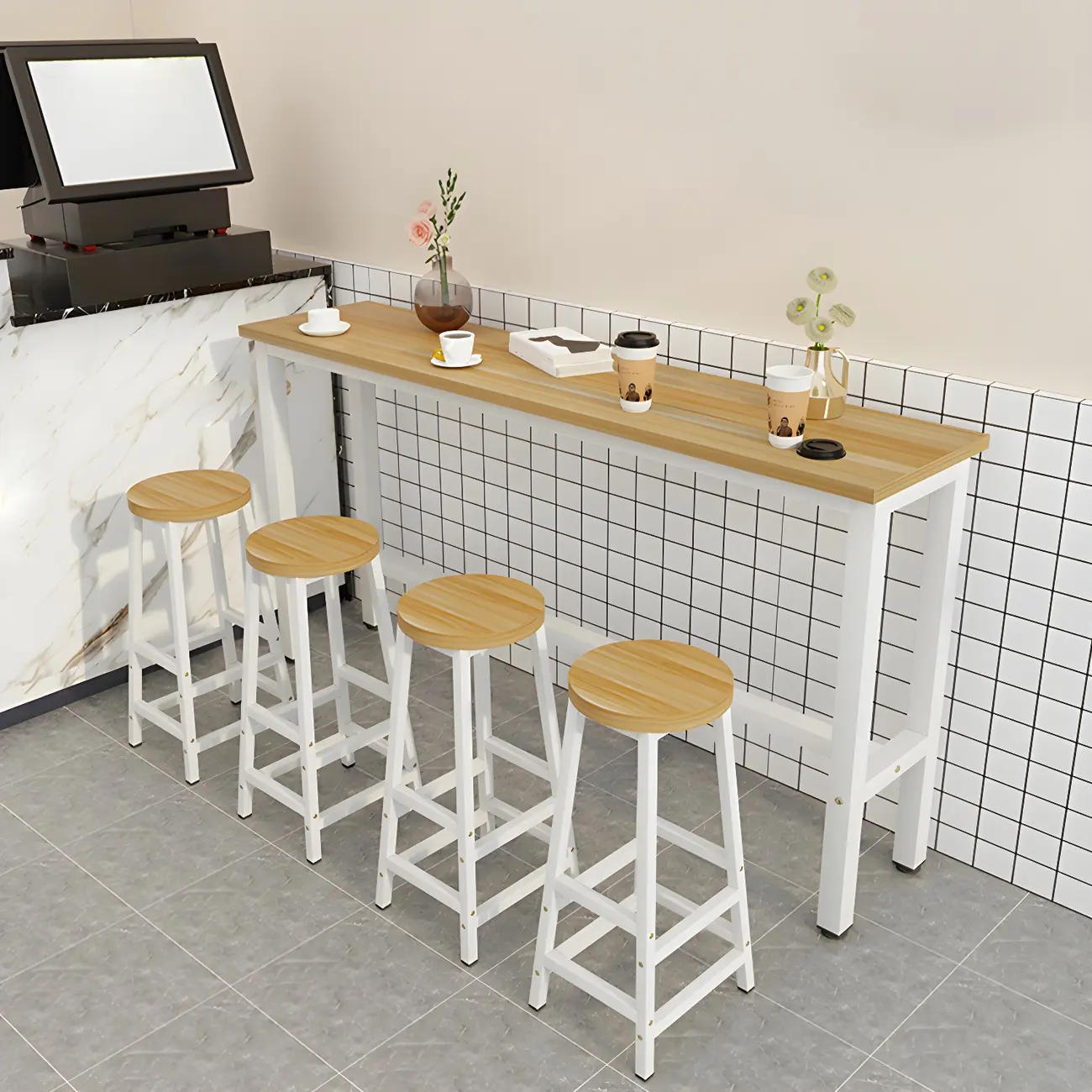 Rectangular Natural Wood Metal Trestle Bar Tables