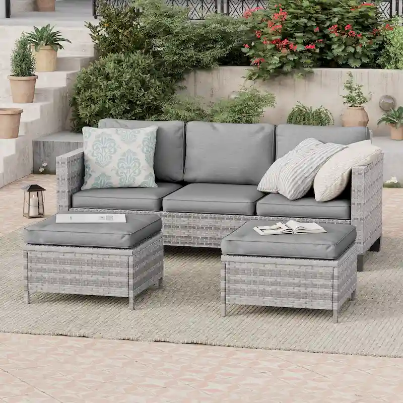BONOSUKI 3-Piece Patio Sofa Set Grey Rattan Furniture with Ottomans