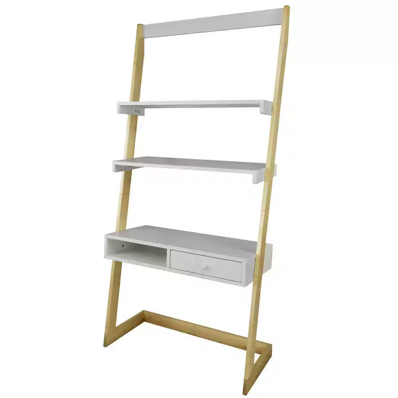 Freestanding Ladder Desk with Drawer Solid American Maple Frame Natural/White - Flora Home: Modern Style, Fixed Shelves, Hardwood Construction