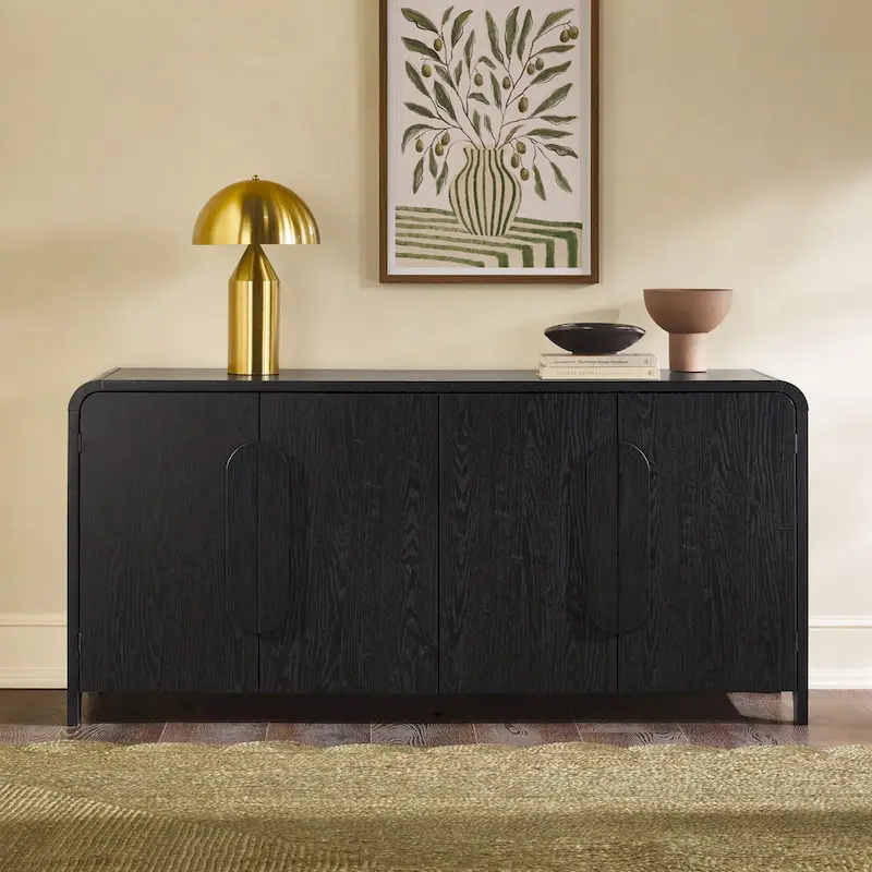 64-Inch Modern Sideboard Buffet Cabinet with Waterfall Edges, Wooden Handles, Storage Shelves, MDF Laminate for Dining Room