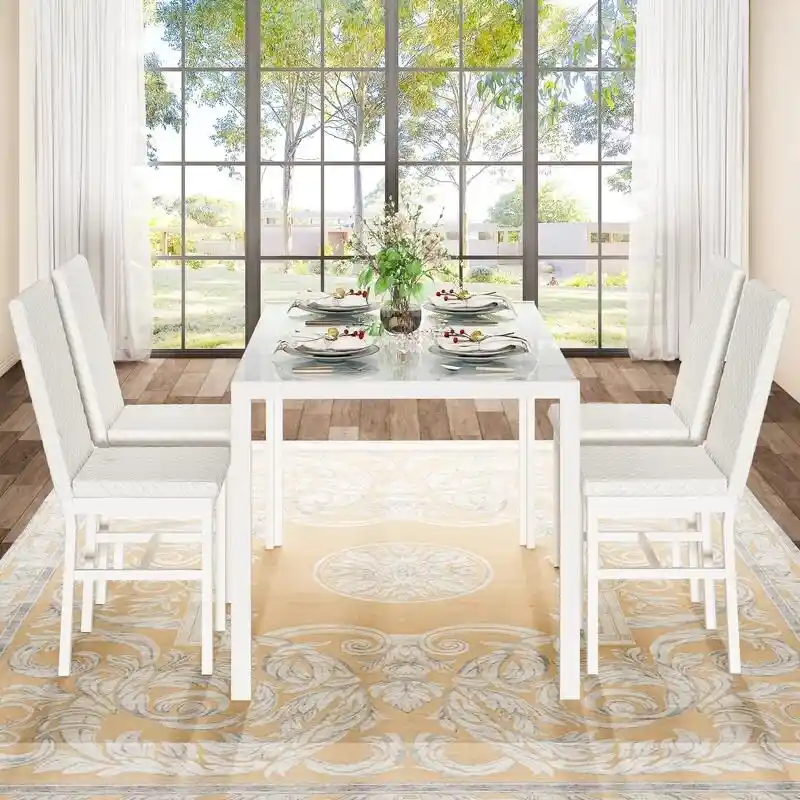 Modern Dining Room Table with Tempered Glass Tabletop and Diamond Stitching PU Leather Chairs