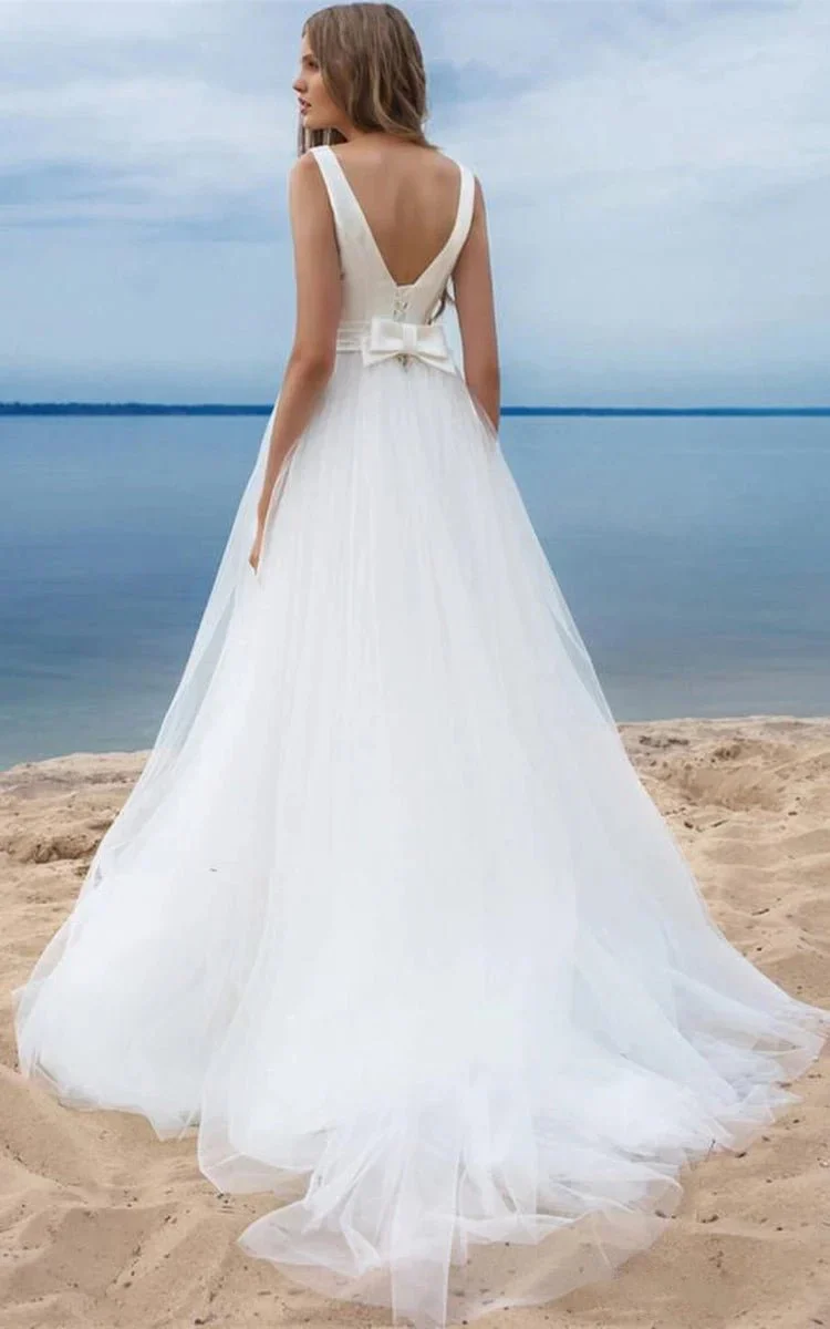 Simple Ball Gown Satin Tulle Bateau Sleeveless Wedding Dress With Bow and Ribbon