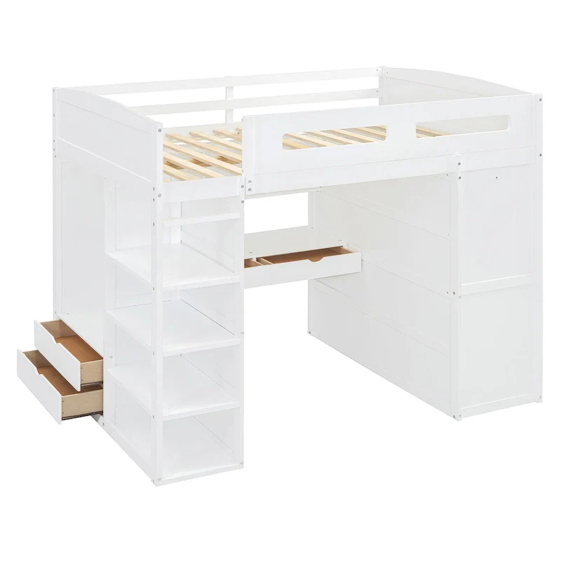 Full Size Loft Bed with Desk & Wardrobe, White/Gray, 1-Person