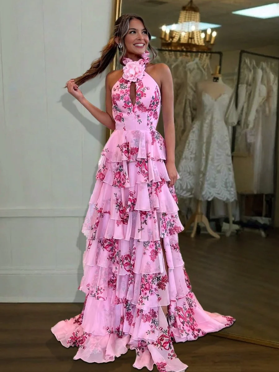 Pink A Line Hatler Floral Chiffon Tiered Long Prom Dress