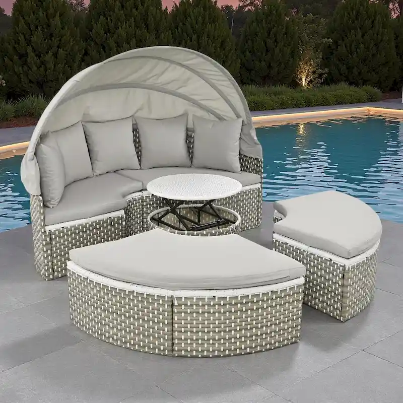 4-Pieces Outdoor Patio Rattan Round Daybed Sunbed with Retractable Canopy and Table
