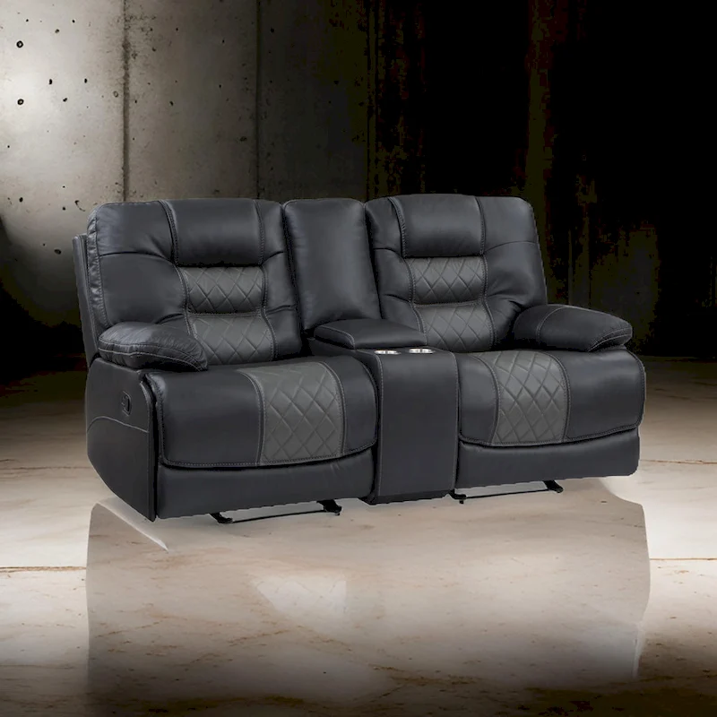 Liam 77 Inch Manual Recliner Loveseat, Cupholder Console, Gray Faux Leather