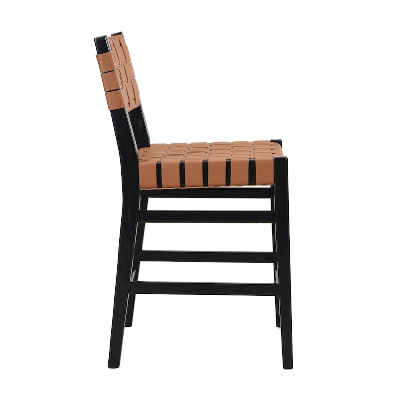 Roomfitters PU Leather Counter Stools, Set of 2 Bar Height Chairs with Woven Back and Rubberwood Frame, Black Brown