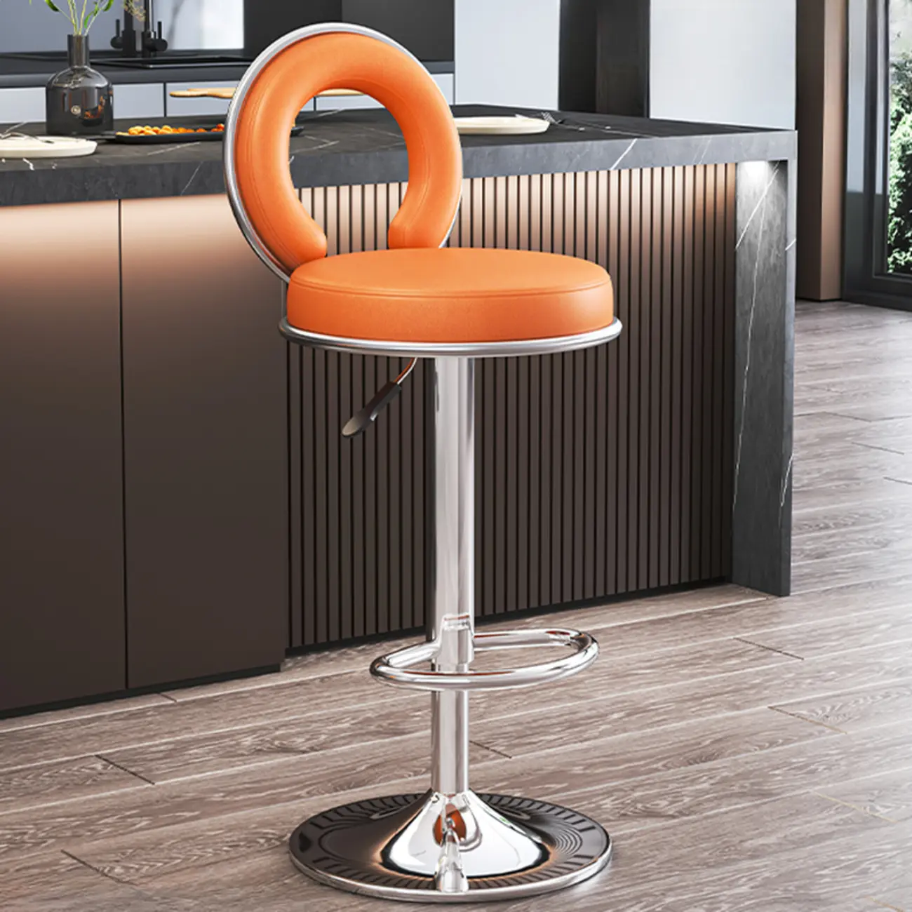 Glam Round Adjustable Leather Swivel Bar Stool with Back