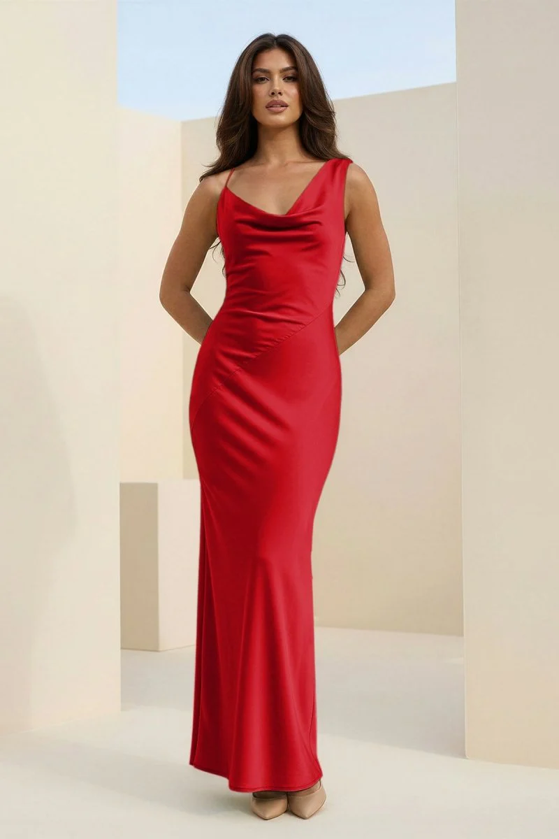 Red Cowl Neck Sleeveless Sheath Satin Backless Long Prom Dresses