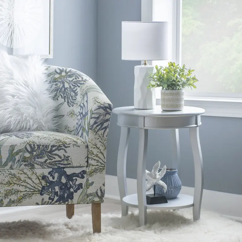 White Round Side Table with Lower Shelf & Cabriole Legs, 1-Person