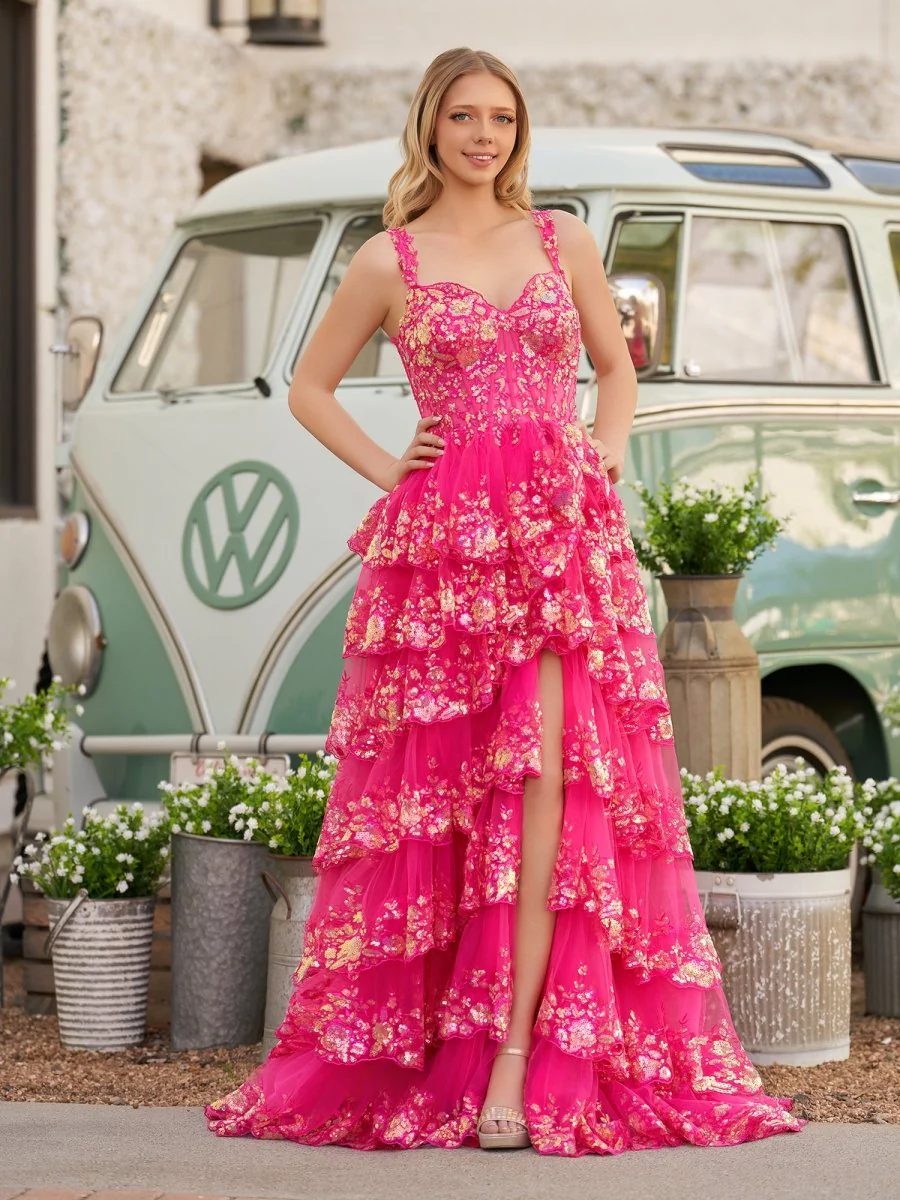 A-Line Lace Off-the-Shoulder Tiered Long Prom Dress with Slit