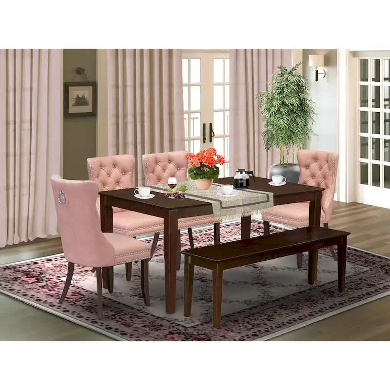 East West Furniture Dining Room Set Consists of a Rectangle Kitchen Table and Upholstered Chairs, Mahogany (Pieces Options)