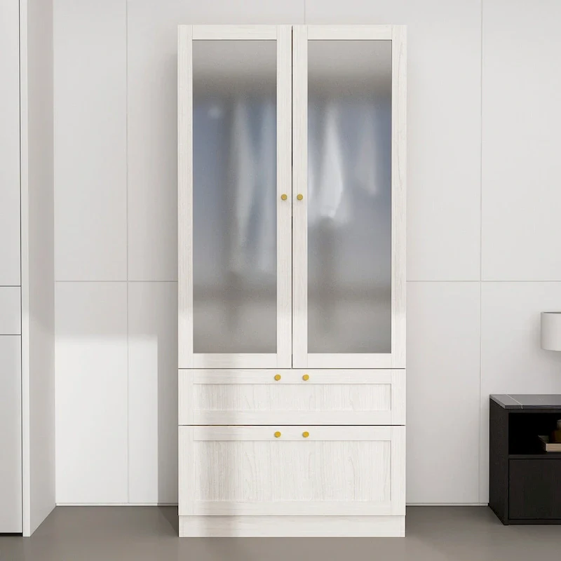 Large Frosted Glass Wardrobe with Soft-Close Hinges | MDF Construction | Light Gray Wood Grain | Gold Handles | Customizable Walk-In Closet