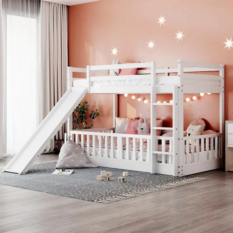 White / Brown / Grey Twin Over Twin Bunk Bed with Slide & Ladder, 2-Person