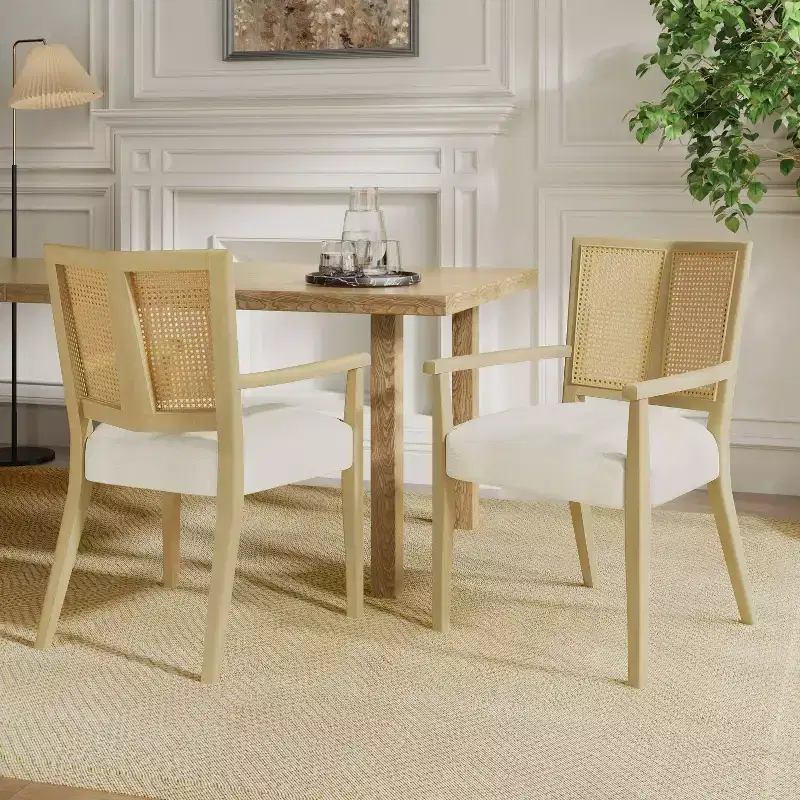 Christopher Knight Home Set of 2 Nolan Rubberwood Upholstered Dining Arm Chairs with Cane Webbing Beige/Light Ash