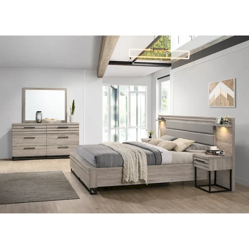 Alvear Wallbed Bed with White LED Lights, Dresser, Mirror, and 2 Nightstands, Weathered Gray