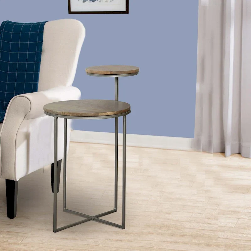29 Inch Modern Round Accent Table, 2 Tier Brown Wood Tops, Gray Metal Base