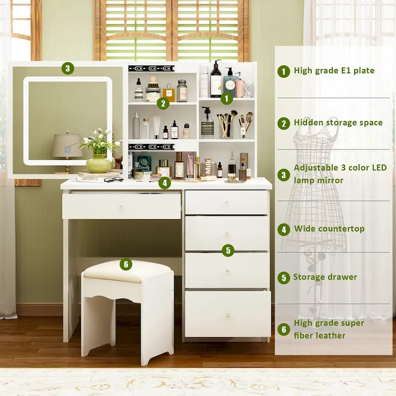 39.4 Wide Makeup Vanity Set with Stool and Touching Light Mirror - 39.4 W