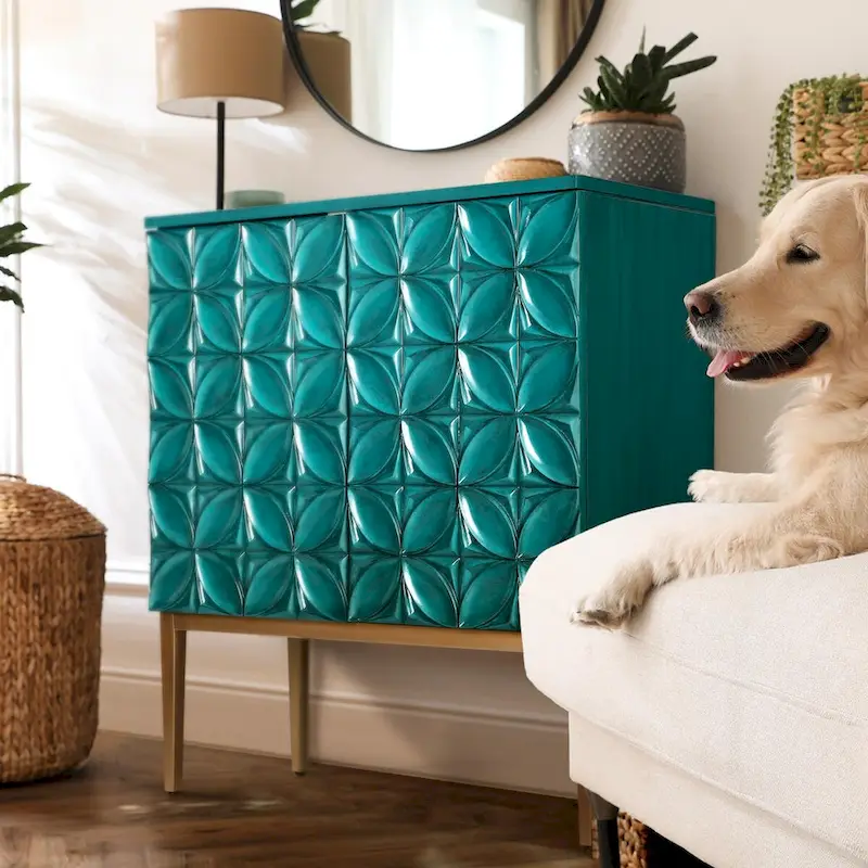 Vintage 2-Door Accent Cabinet Sideboard Handmade Storage Shelf Geometric Patterns for Living/ Dining Room - W15.5x L31.5x H37