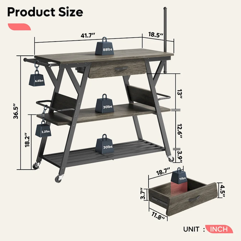 41.7 inch Wide Rolling Kitchen Island with Drawer - 41.7 inch