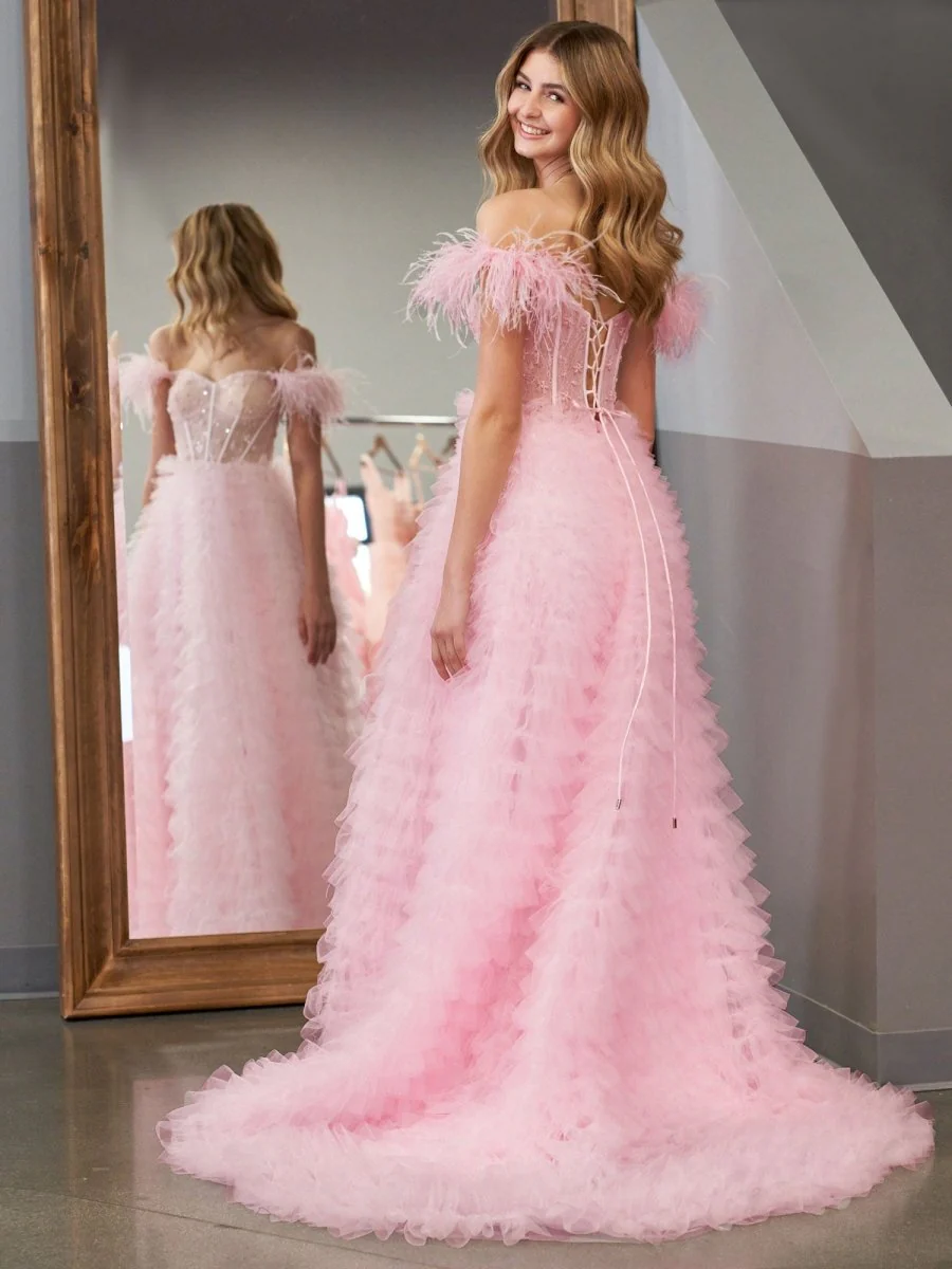 A Line Sweetheart Tiered Tulle Long Prom Dress With Slit
