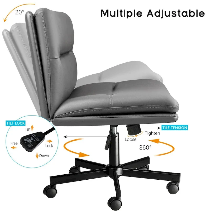 Cross Chair with Wheels,PU Leather Armless Cross Legged Office chair, Adjustable Wide Seat Task Vanity Chair