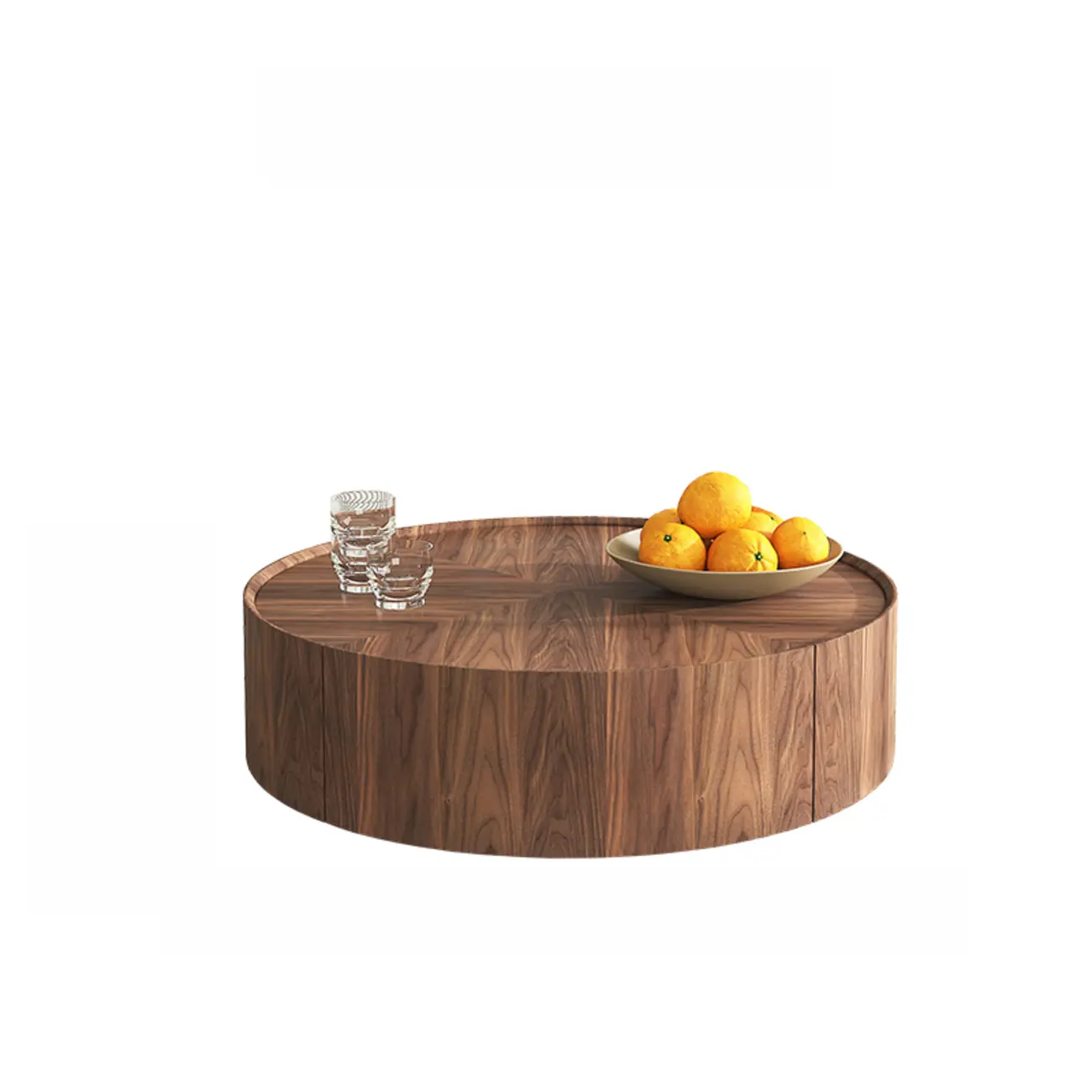 Brown Round Wood Tray Top 2 Drawers Coffee Table