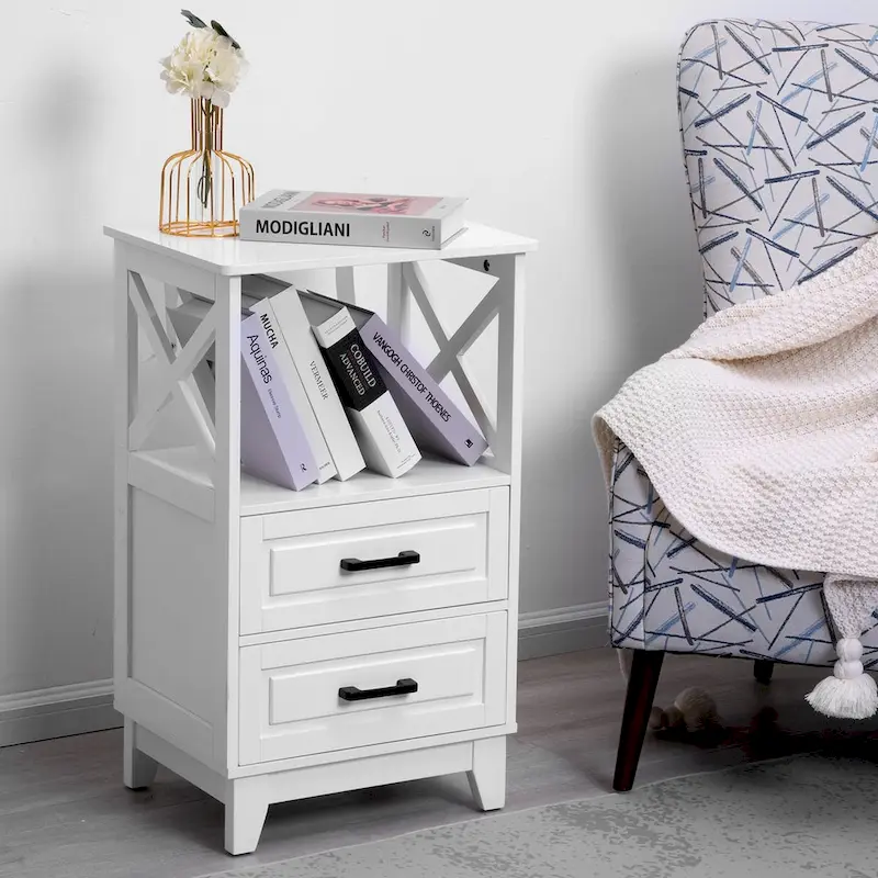 2-Drawer White Wooden Nightstand Storage Cabinet