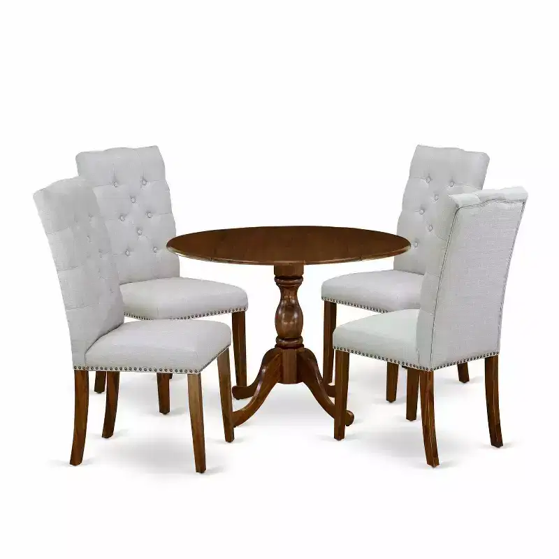 HomeStock 5-Piece Antique Walnut Finish Solid Wood Top Dining table with 4 Chairs with Drop Leaf Lattice Back