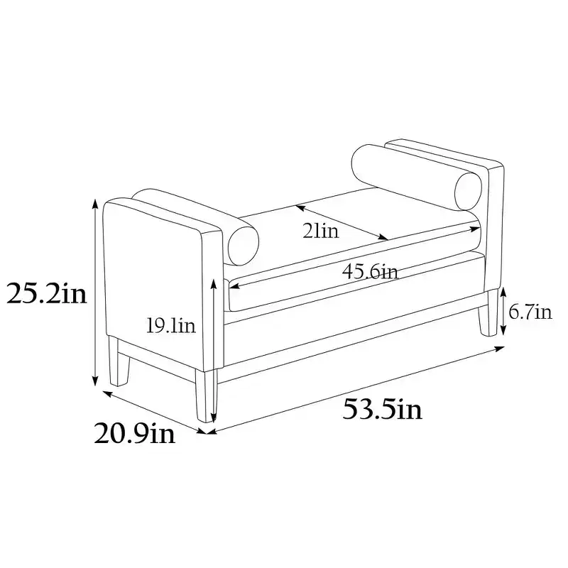 53.5W Upholstered Bench, Ottoman Bench With Wood Legs & Bolster Pillows For End Of Bed, Bedroom, Living Room, Entryway, Black