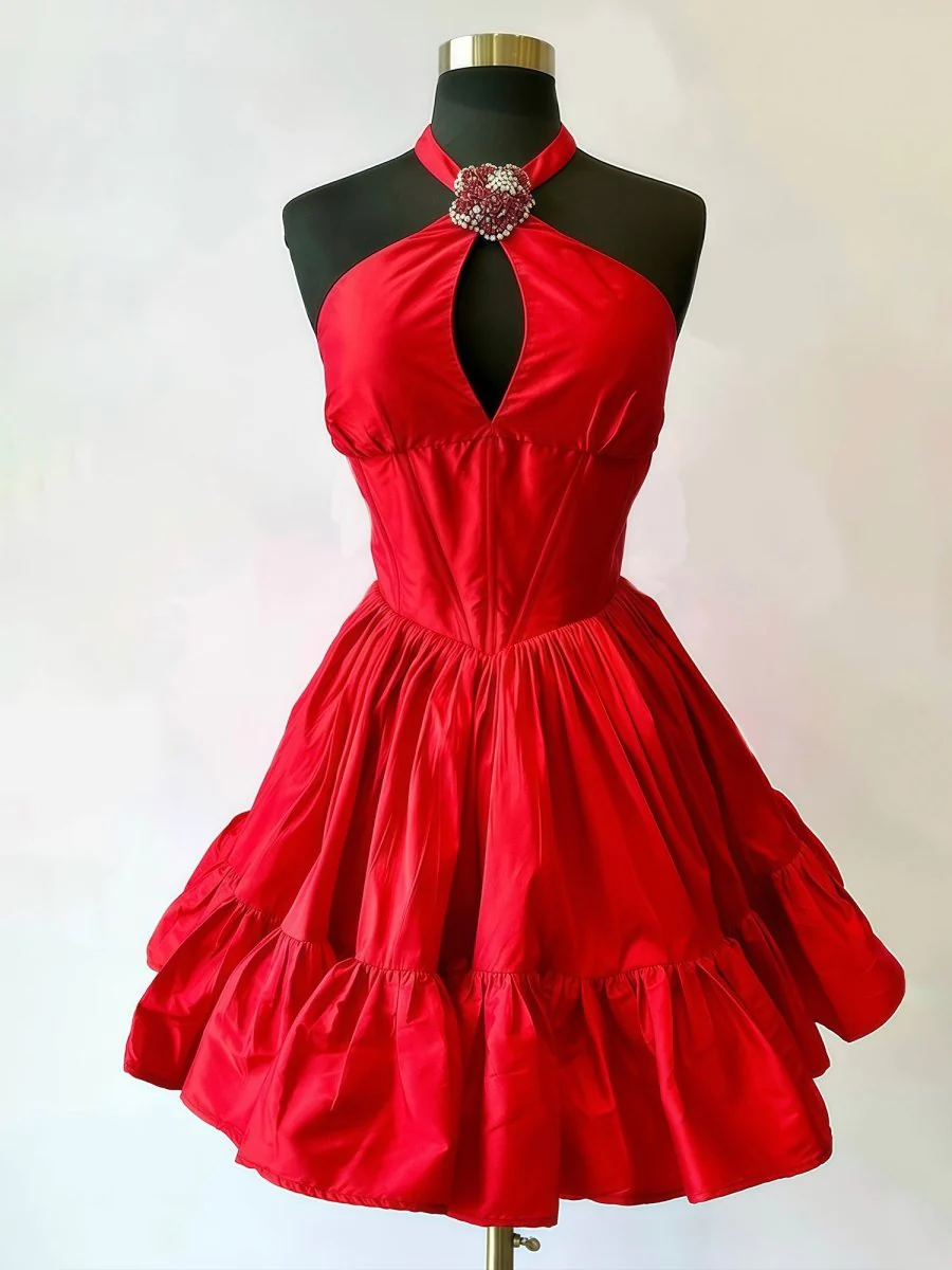 Red - Halter A Line Ruffled Short Homecoming Dress With Beading
