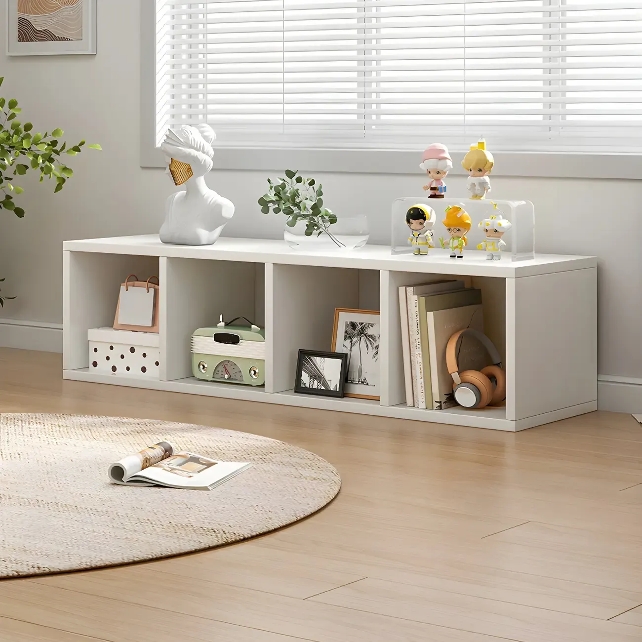 White Wood Horizontal Closed Back Compact Storage Bookcase