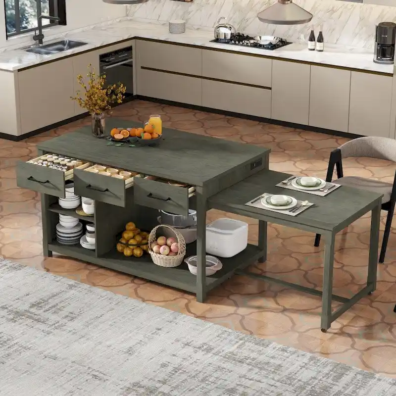 Extendable Kitchen Island with Power Outlets - Distressed Wood