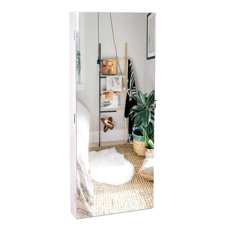 White Wall-Mounted Jewelry Cabinet with Mirror & Lock, 1-Person
