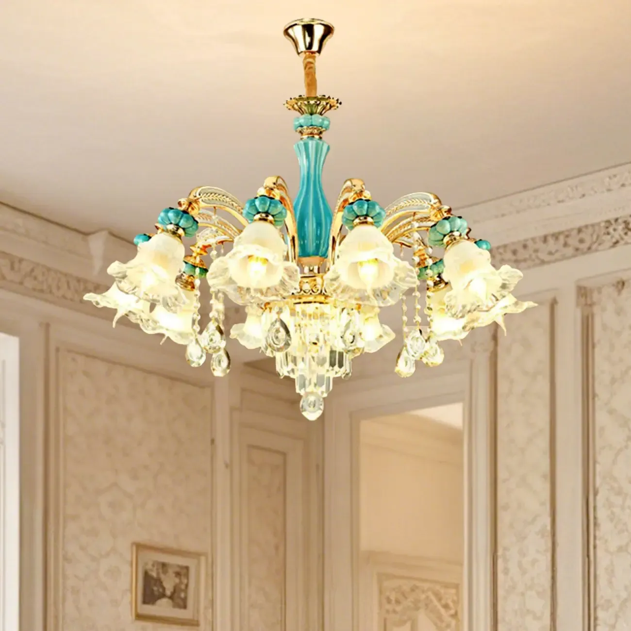 Living Room Down Light Crystal Chandelier with Flower Glass Shape