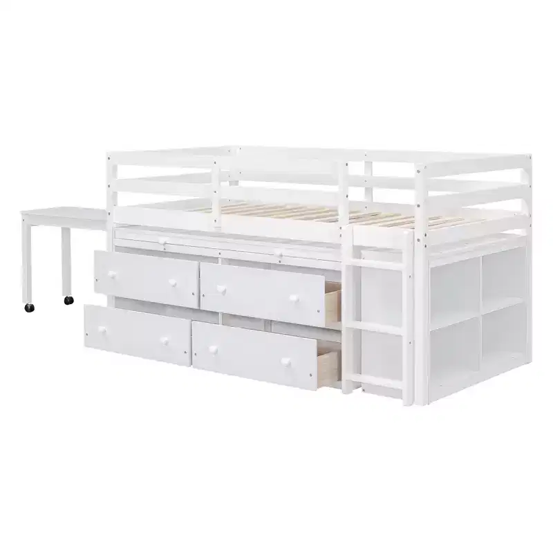 Luxystar Low Loft Bed with Desk, 4 Drawers and Bookcase
