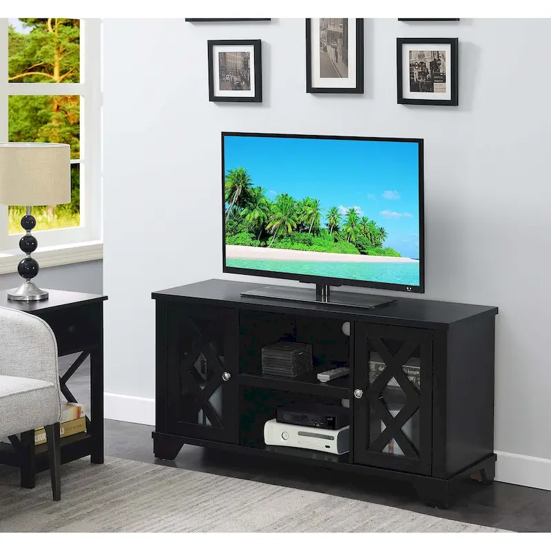 Black / White / Weathered Grey TV Stand with Glass-Door Cabinets & Shelves for 1-Room Use, Fits TVs up to 55