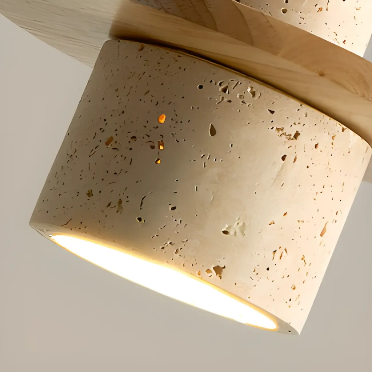 Modern Beige Stone Wood Disc Cylinder Pendant Light