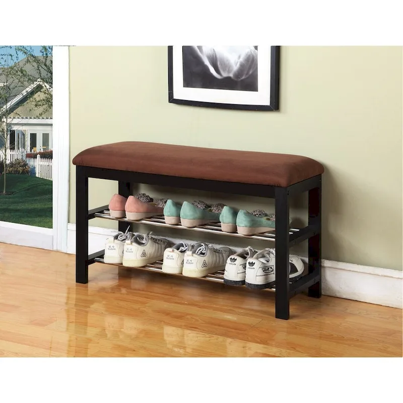 Dark Espresso Wood Shoe Bench with Chocolate Microfiber Seat