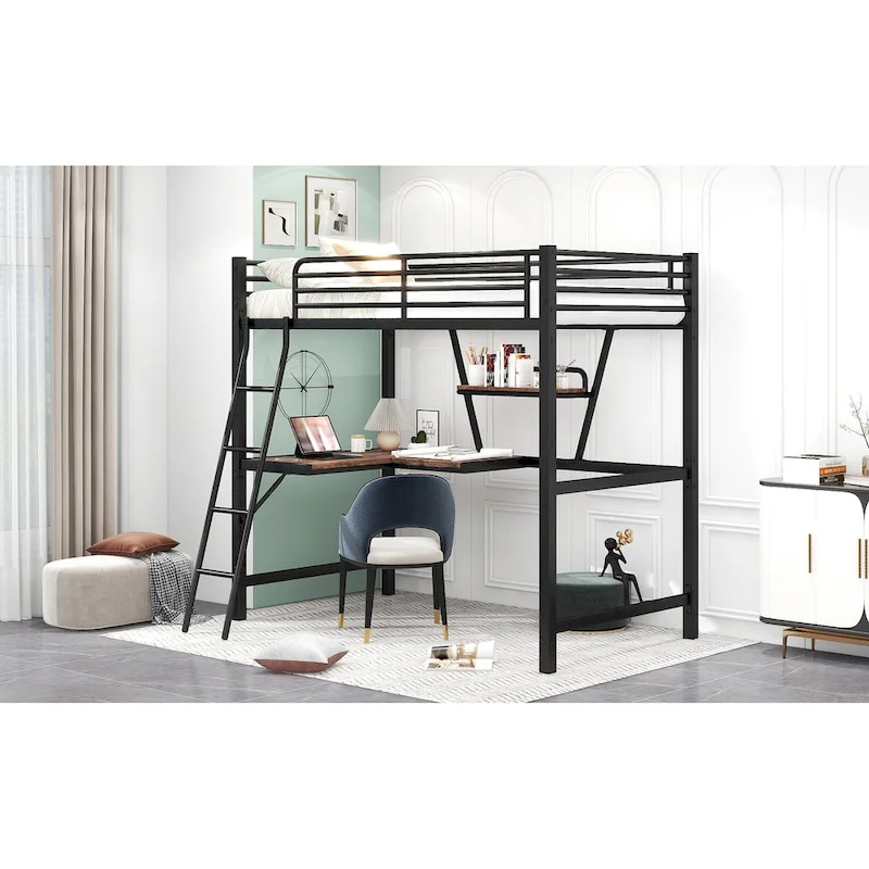 Twin Metal Loft Bed with Desk and Guardrail