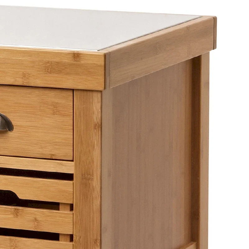 36 Inch Bamboo Kitchen Cart Island, 2 Drawers, Stainless Steel Top, Brown - 22 L x 29 W x 36 H Inches