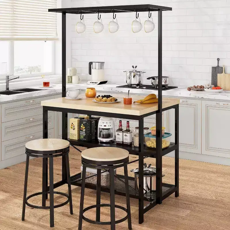Coolmee 42/47 inch Kitchen Island with Storage & Seating - 3-Tier Bakers Rack, Microwave Stand, Dining Table for 4, 5 Hooks & 50lb Capacity