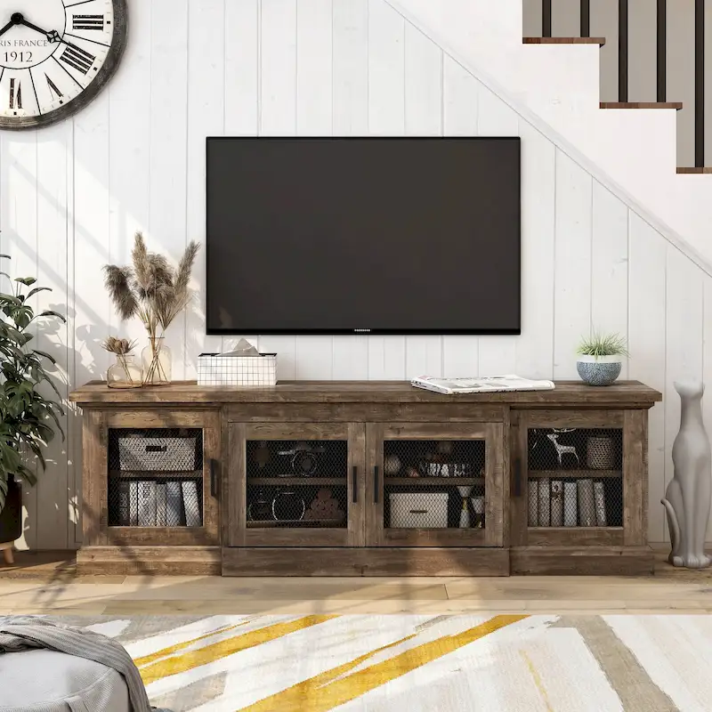 Rustic TV Stand – Reclaimed Oak, 4 Mesh Door Cabinets, 6 Shelves