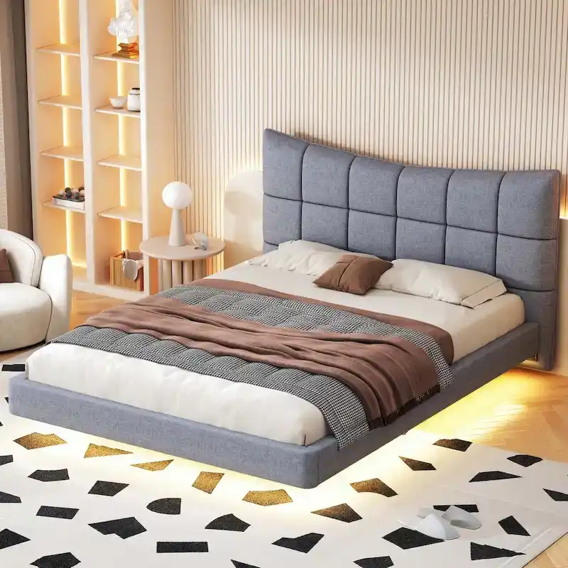 Full Size Upholstered Platform Bed with LED Lights and USB Ports