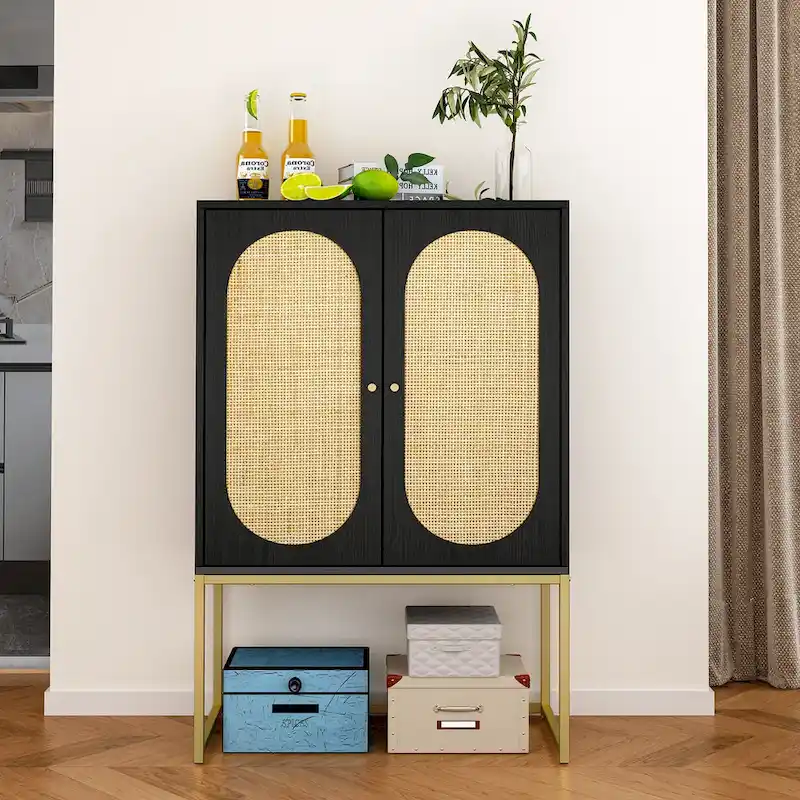 White / Walnut / Black / Brown 2-Door Cabinet with Rattan Panel, Adjustable Shelf, for 1