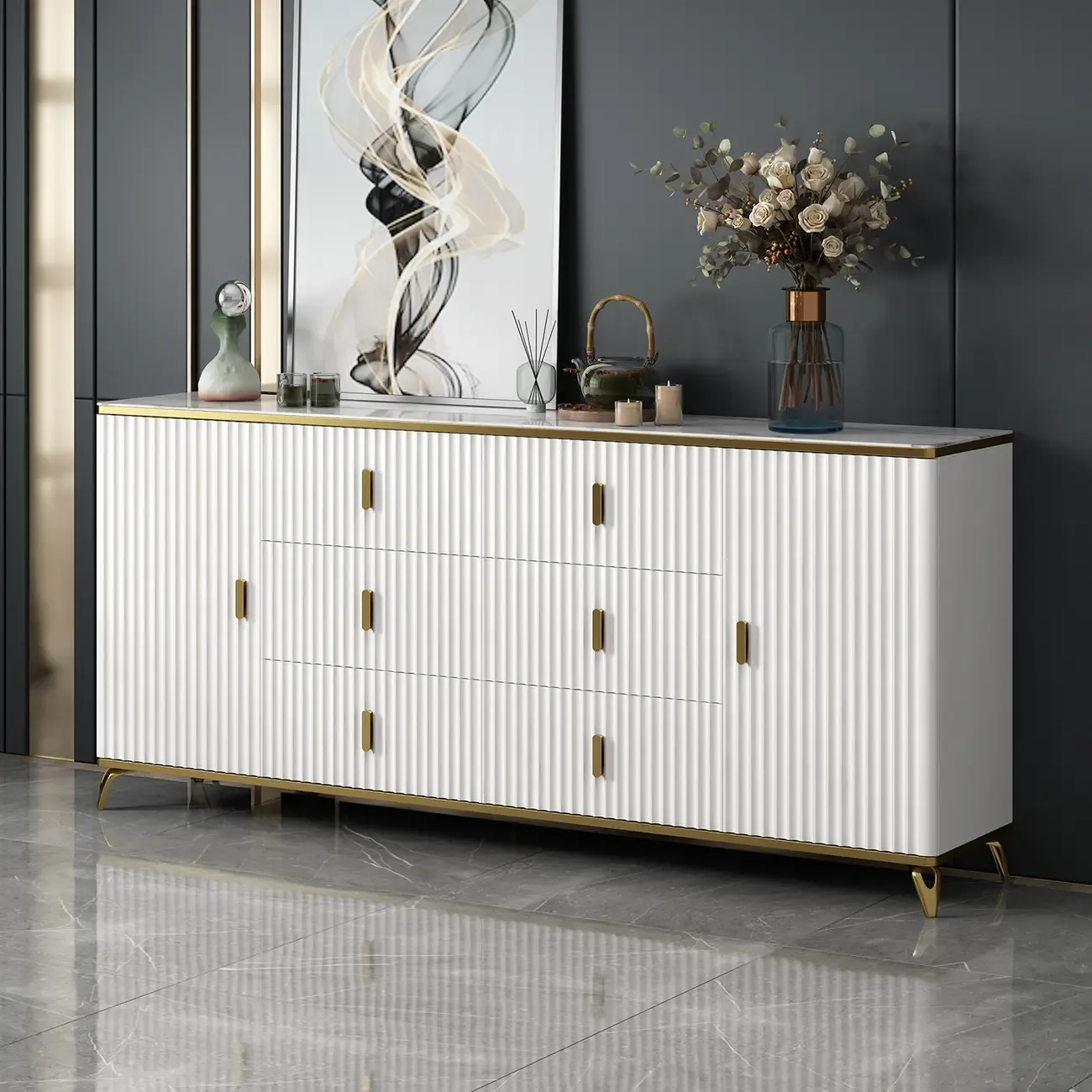 Glam Wooden Living Room Cabinet with Multiple Drawers