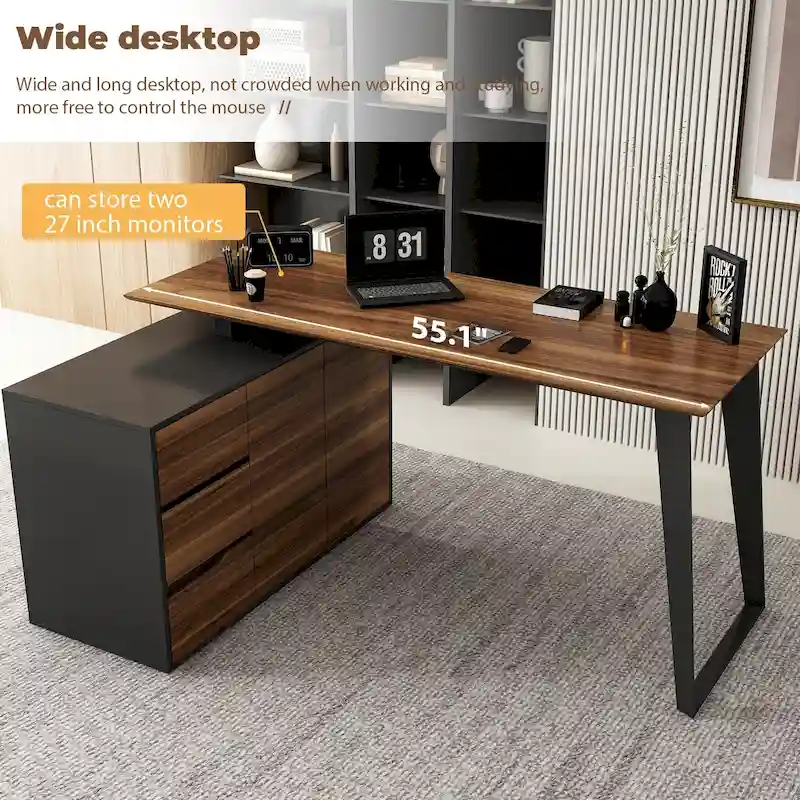 Brown/Black L-Shaped Corner Desk with Storage Cabinet, 2-Person Workstation
